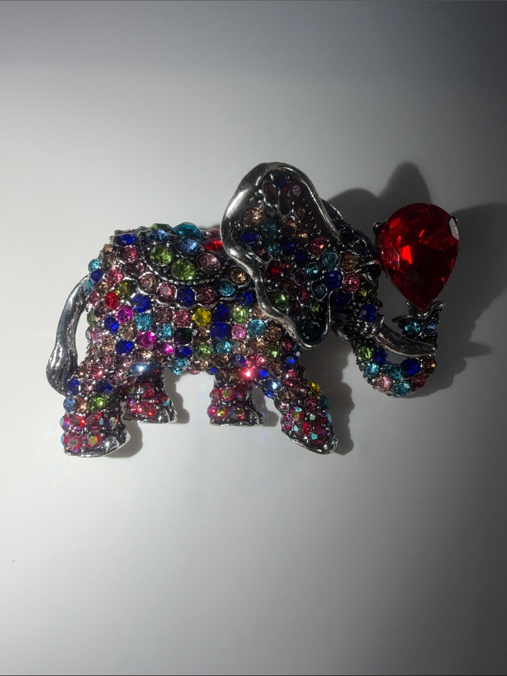 Multicolor Crystal Elephant Brooch with Red Heart Gem can be worn as necklace